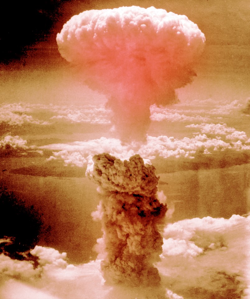 The atomic bomb explosion over Nagasaki, Japan in August 1945