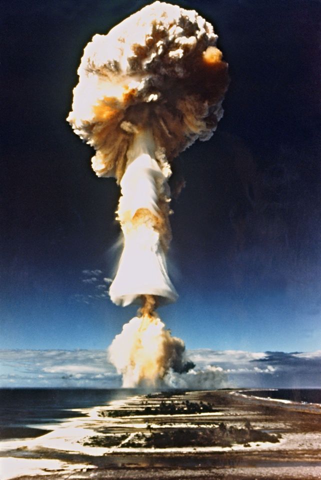 A French nuclear test explosion in 1970 in French Polynesia, in the southern Pacific Ocean