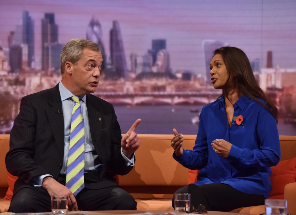 Nigel Farage, leader of the United Kingdom Independence Party (UKIP), and Gina Miller, an investment manager who is backing a legal attempt to challenge Britain leaving the EU without Parliamentary consent attend the Marr Show in London