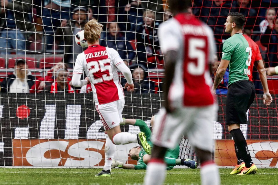 epa05639729 Kasper Dolberg (L) from Ajax scores the 2-0 lead during the Eredivisie match Ajax vs NEC at Amsterdam ArenA in Amsterdam, The Netherlands, 20 November 20116. EPA/STANLEY GONTHA