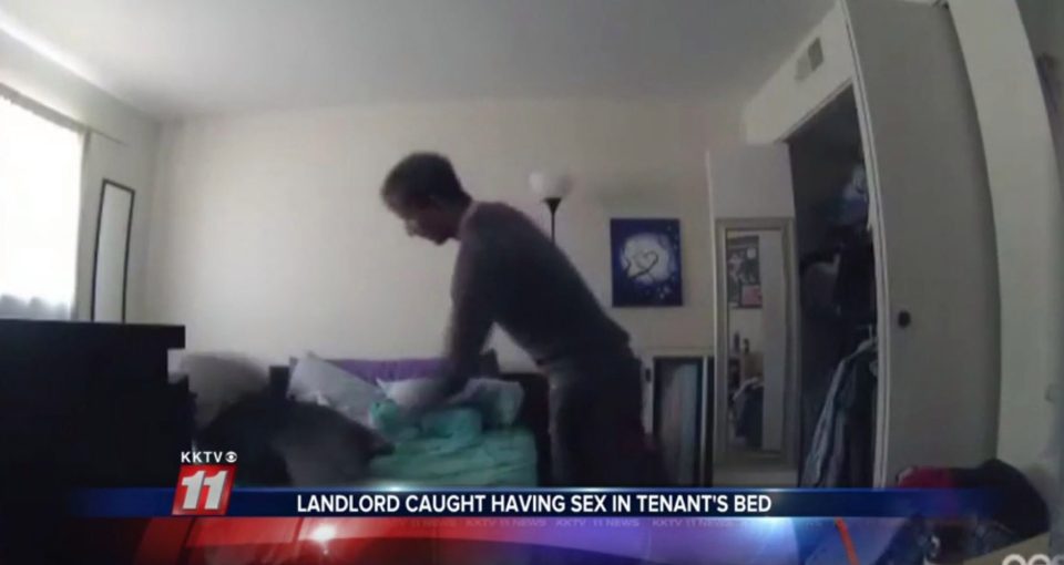 Video footage allegedly showed the landlord having sex on his tenants bed before using his wife's wedding dress to clean up