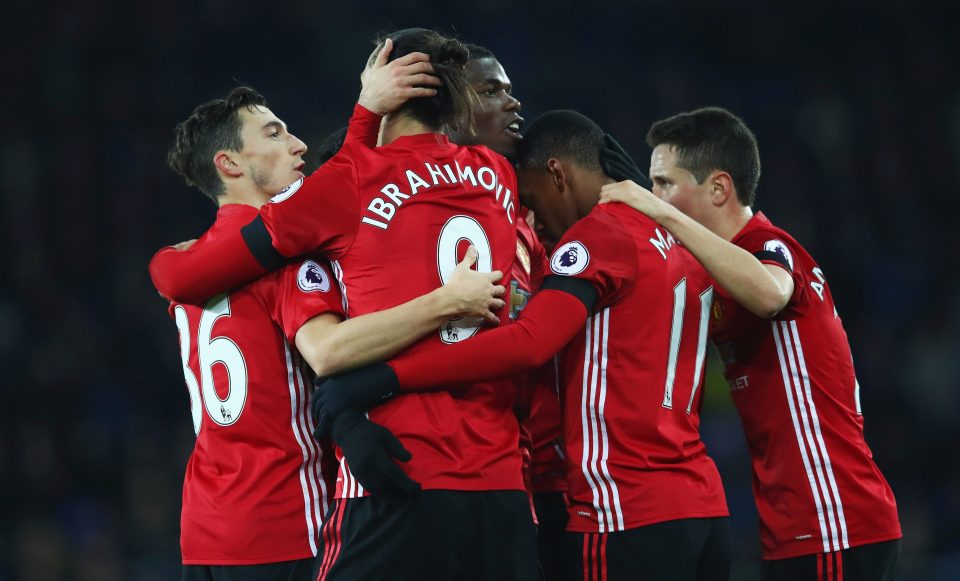 LIVERPOOL, ENGLAND - DECEMBER 04: Zlatan Ibrahimovic of Manchester United (9) celebrates with team mates as he scores their first goal during the Premier League match between Everton and Manchester United at Goodison Park on December 4, 2016 in Liverpool, England. (Photo by Clive Brunskill/Getty Images)