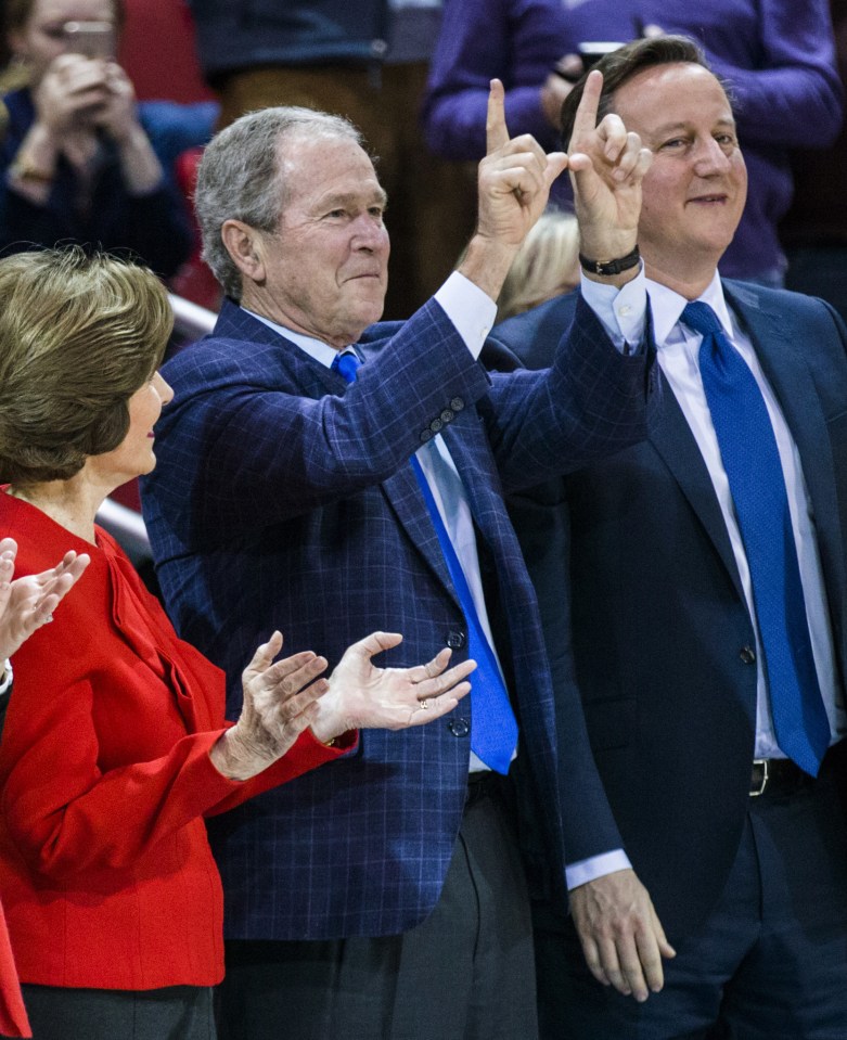 George Bush is joined by David Cameron for the basketball match
