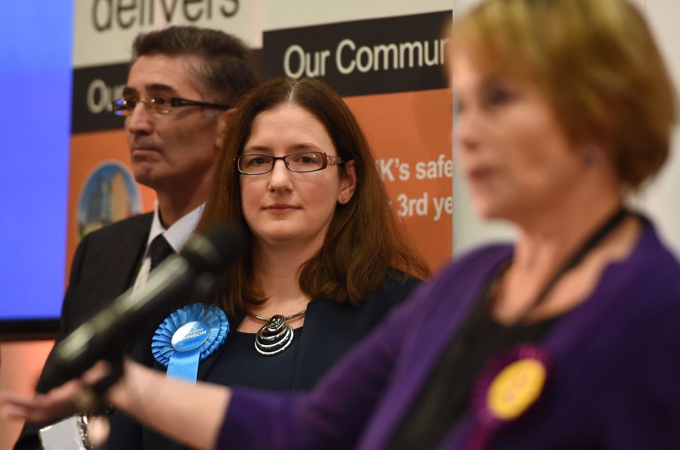 Conservative candidate Dr Caroline Johnson looks on as UKIP candidate Victoria Ayling, right, gives a speech at One NK in North Hykeham, Lincolnshire