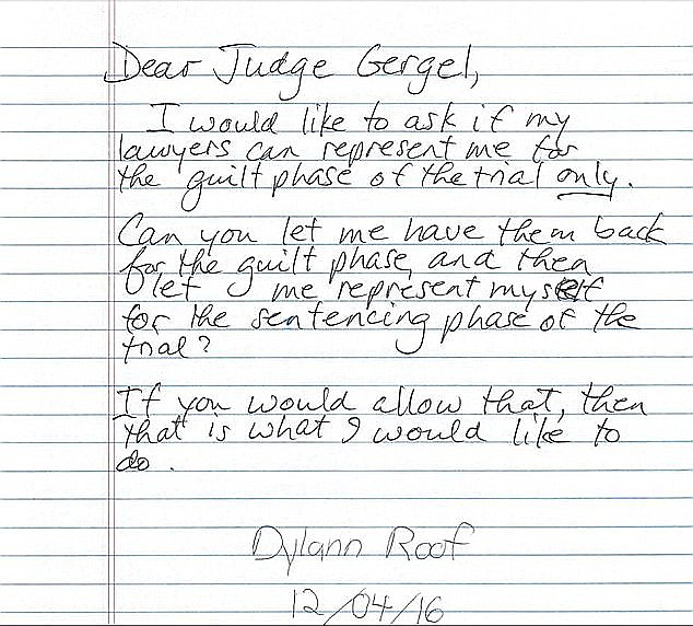  Roof wrote to the judge during the trial