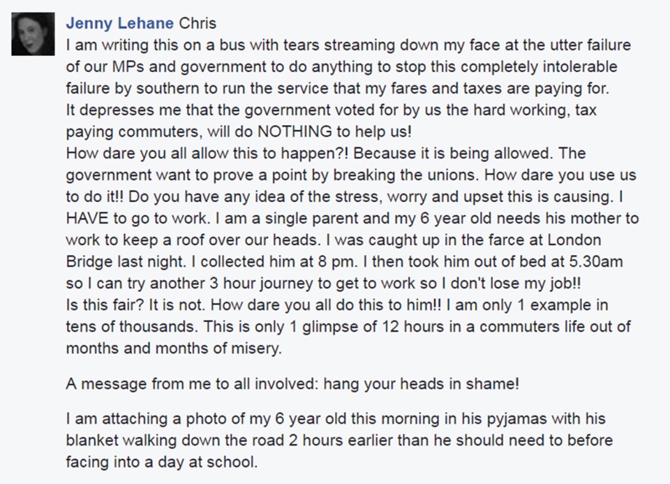 Jenny posted this message on Facebook as she complained about the Southern Railways strike by union members