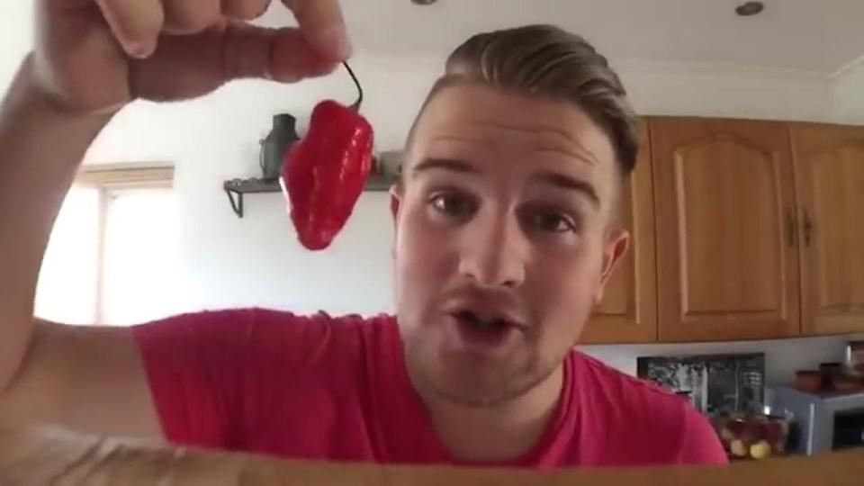  Ben shows off the superhot chilli he's going to use in his latest prank
