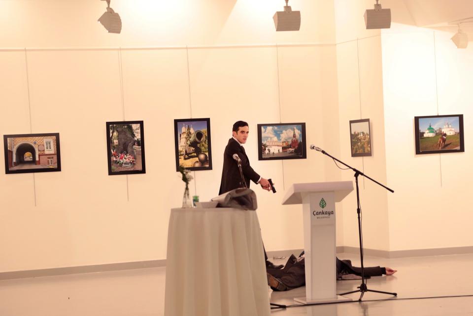  Mevlut Mert Altintas is seen prowling through the art gallery as Karlov's body lies on the ground
