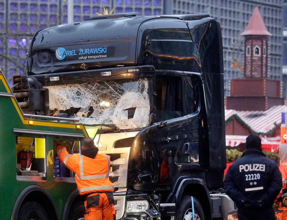 The shattered front windscreen of the truck could be seen from the street