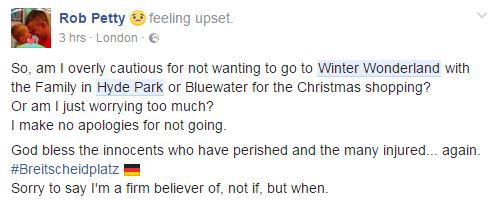 Rob Petty wrote on Facebook about his concerns over Winter Wonderland as well as Christmas shopping at the Bluewater mall in Dartford, Kent