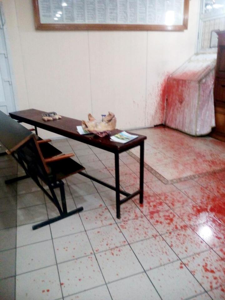 A pig's ear was hurled into the religious building