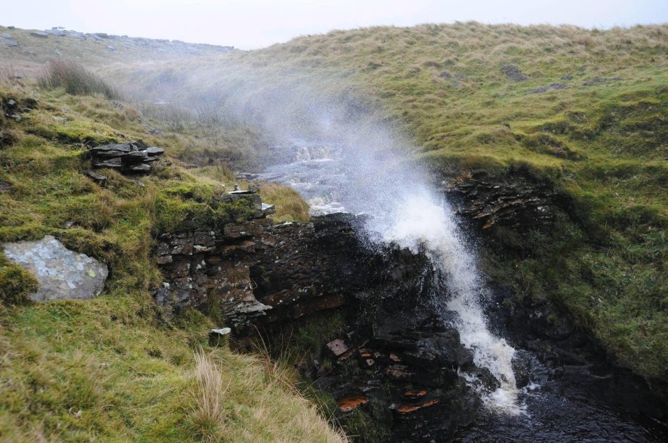  The strength of the wind forced water upwards from a waterfall near Stainmore in Cumbria today