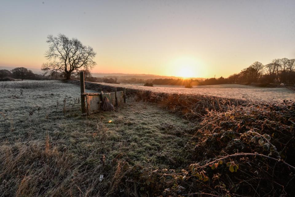  It was a picturesque, if chilly, start to the day for many across the UK - here the sunrise hits a frosty field in Leeds