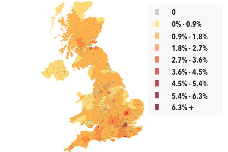  This heat map shows the areas with the highest percentage of people signing the anti-Trump petition - with London showing the biggest figures