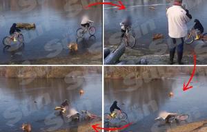 Idiotic dad films his kids dicing with death as they cycle on frozen lake and narrowly avoid breaking the ice