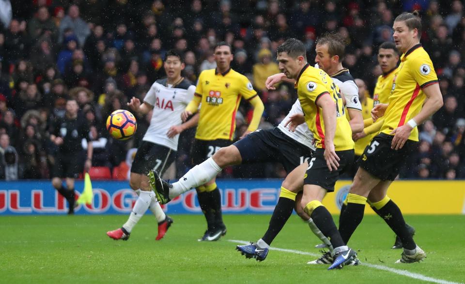 Tottenham striker Harry Kane touches home for his second goal
