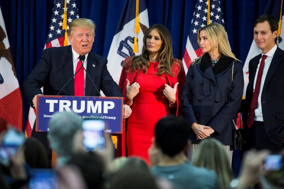  Trump pictured speaking at a campaign rally with wife Melania, daughter Ivanka and her husband, Jared Kushner, in Iowa