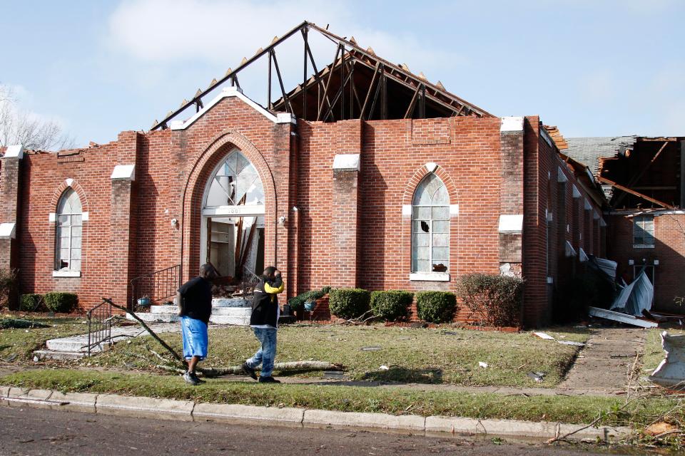 Little remains of Cottrell Memorial CME Church after a tornado hit early on Saturday