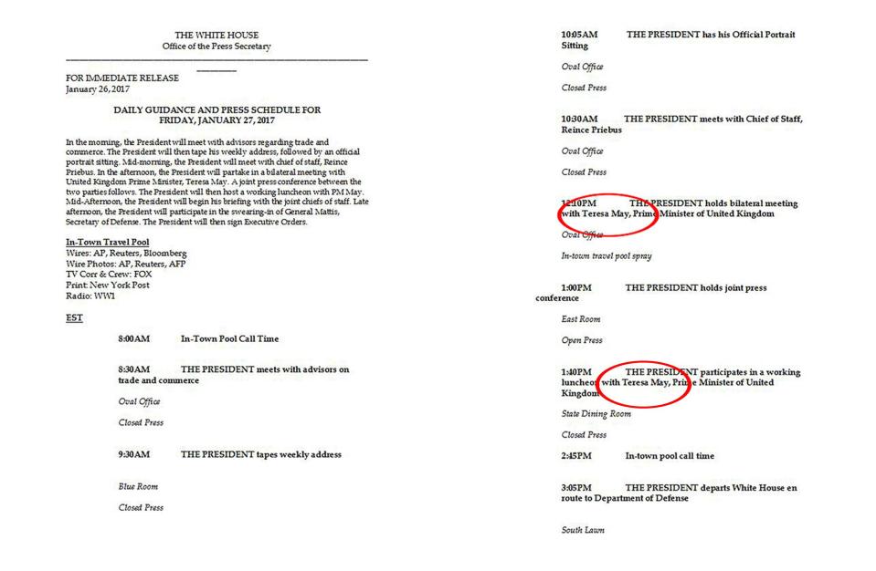  Mrs May's name was misspelt as Teresa several times in White House documents last night