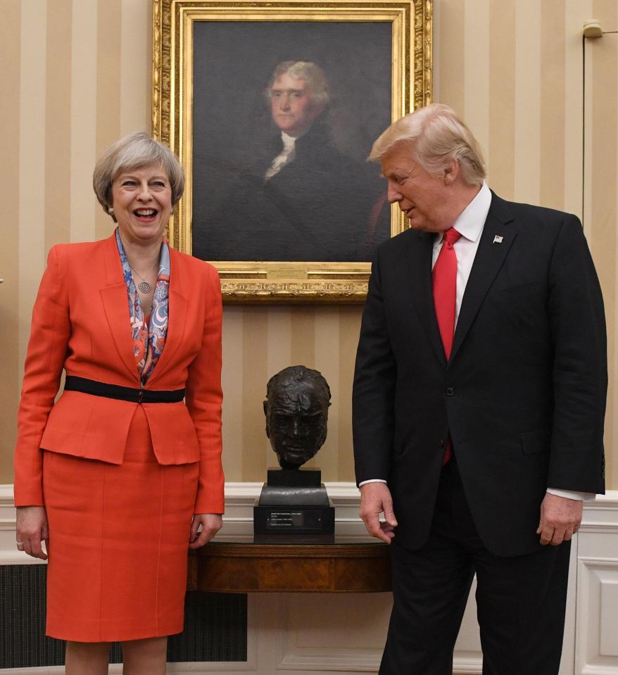  President Trump said it was a 'great honour' to see Winston Churchill's bust back in the Oval Office. The pair posed with the bust between them moments after the Prime Minister's arrival