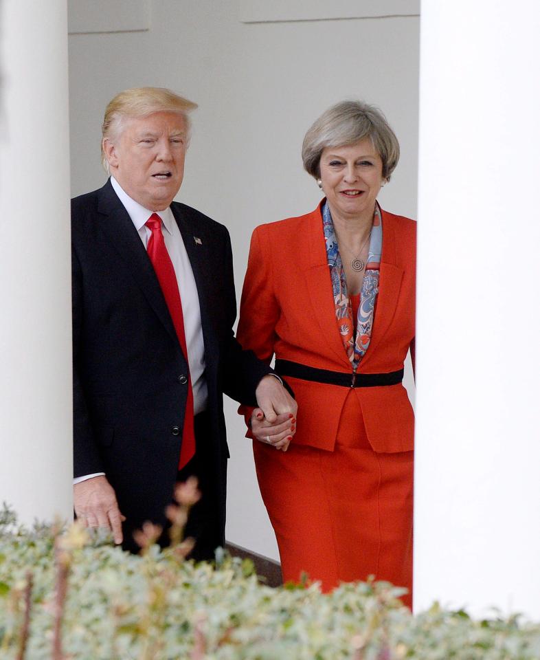  Trump holds Theresa May's hand as they walk through the White House, where the President vowed that Brexit will be a 'great thing' for the UK
