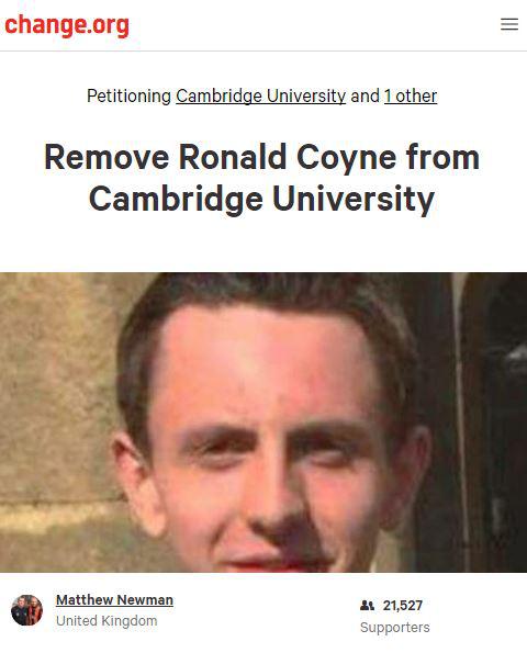  Petition calling on Ronald Coyne to lose his place at uni has gathered over 21,000 supporters