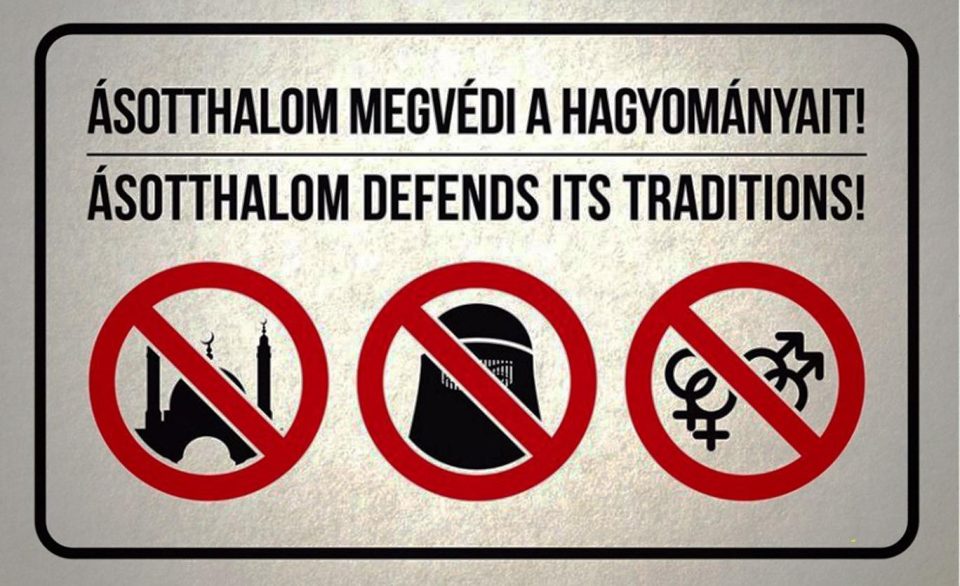 A sign which bans the building of Mosques, burkas and gay sex