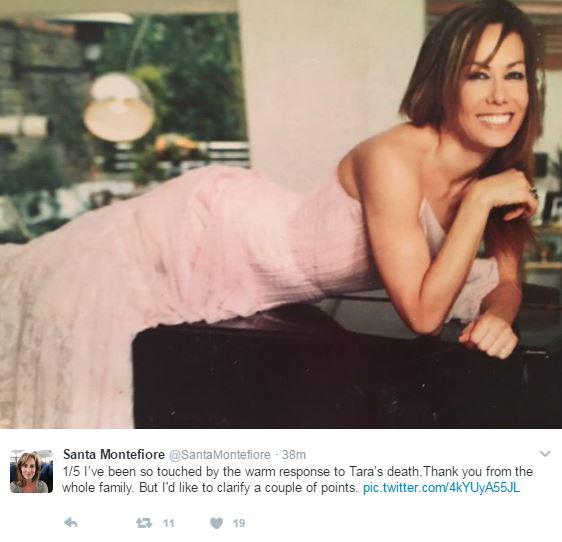 Santa Montefiore took to Twitter to confirm the details of a coroner's report stating that her sister had died of natural causes