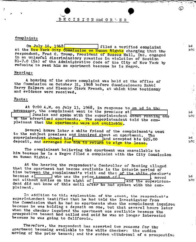  One of the documents released by the FBI yesterday which detail the probe into Fred Trumps company