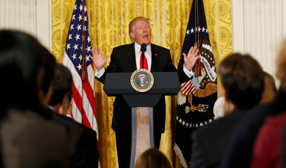  Trump made a lengthy and rambling speech in front of a gold curtain at the White House today