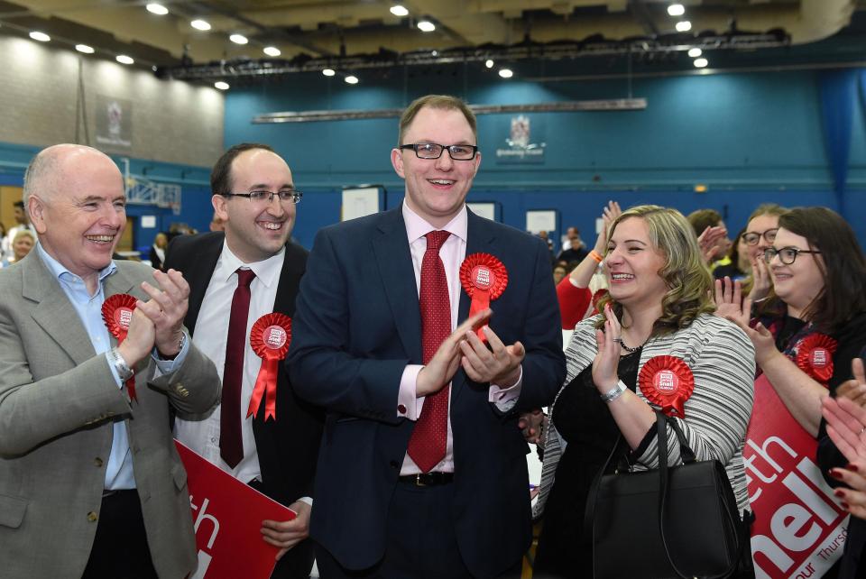 Labour candidate Gareth Snell celebrates with his wife Sophia (right) after winning the Stoke-on-Trent Central by-election at Fenton Manor Sports Complex in Stoke