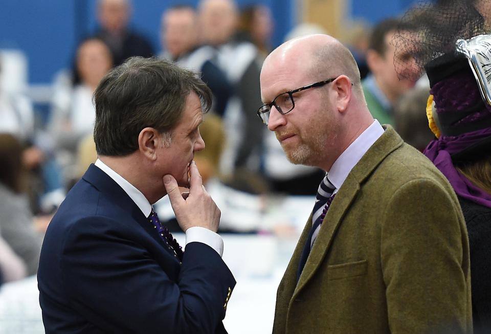 Ukip candidate and party leader Paul Nuttall (right) and Ukip Brexit spokesman Gerard Batten MEP (left) during counting in the Stoke-on-Trent Central by-election at Fenton Manor Sports Complex in Stoke
