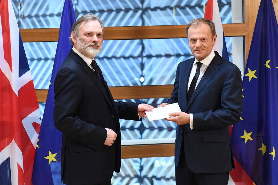  Britain's ambassador to the EU Tim Barrow delivers Theresa May's formal notice of the UK's intention to leave to Donald Tusk