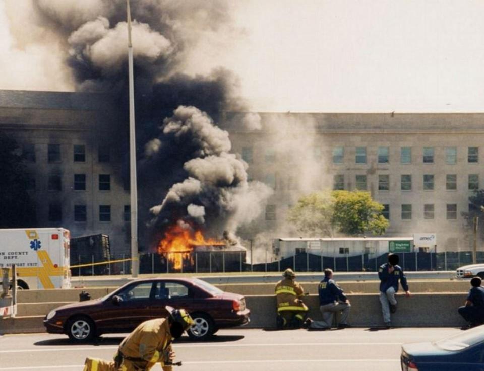  A photo newly released from the FBI archives shows a fire blazing at the Pentagon building in the aftermath of the 9/11 terror attack