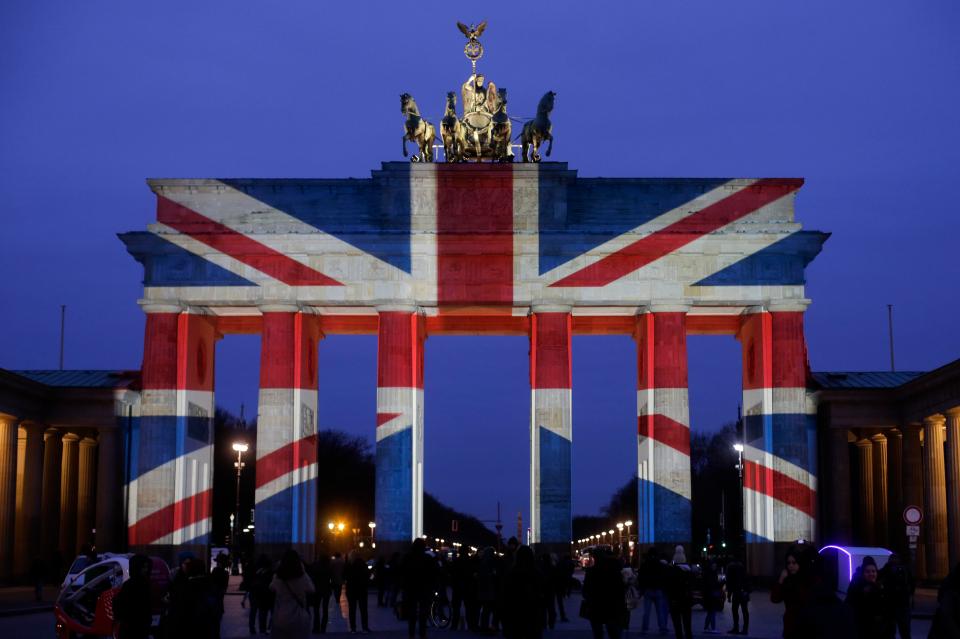 The Brandenburh Gate in Berlin emblazoned with the colours of the British flag