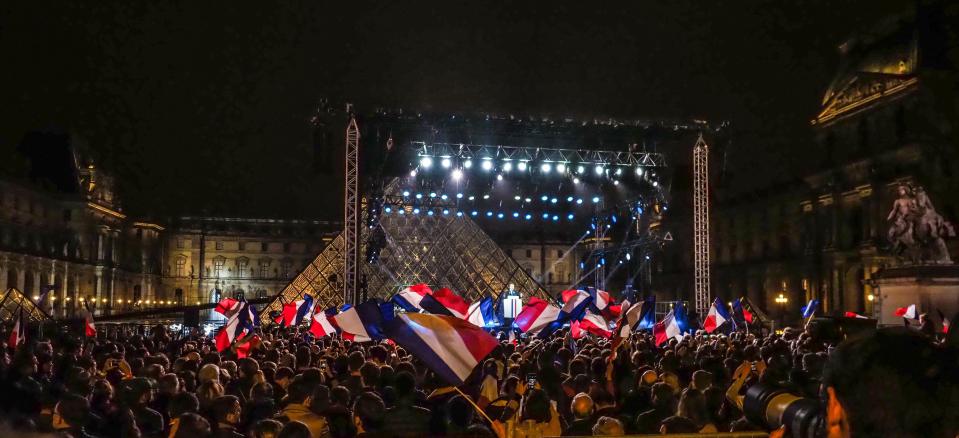  Newly elected French President Emmanuel Macron, with his family and his wife Brigitte Macron holds a celebration rally outside the Louvre