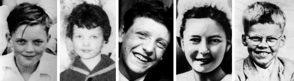 The victims of Ian Brady: (From left) John Kilbride, 12, 10-year-old Lesley Ann Downey Edward Evans, 17, Pauline Reade, 16, and 12-year-old Keith Bennett