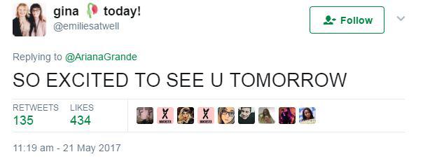 The young girl had yesterday written a message to Ariana Grande, saying she couldn't wait to see her