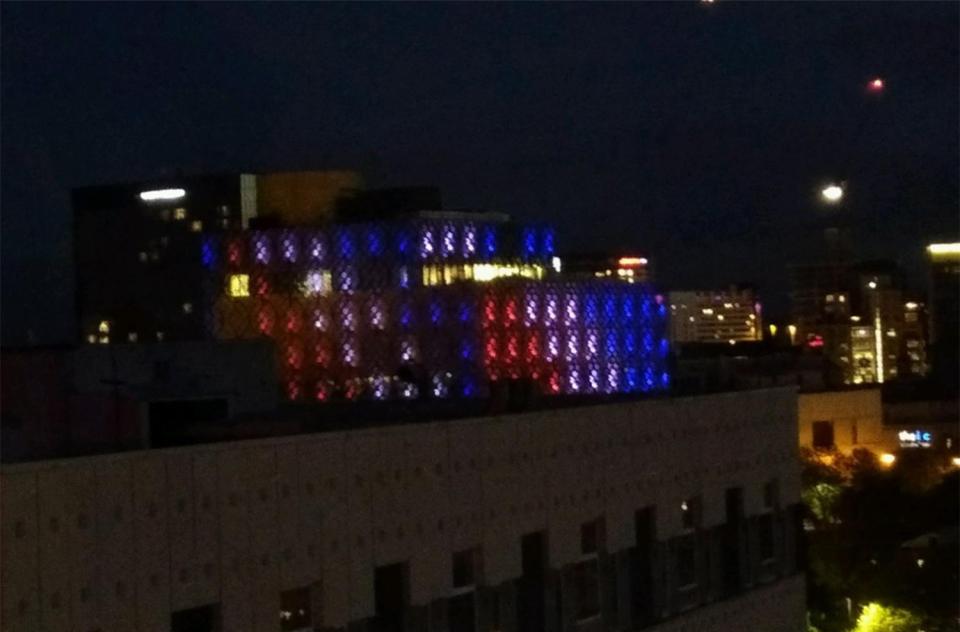 The iconic Birmingham Library lit up in solidarity with the people of Manchester