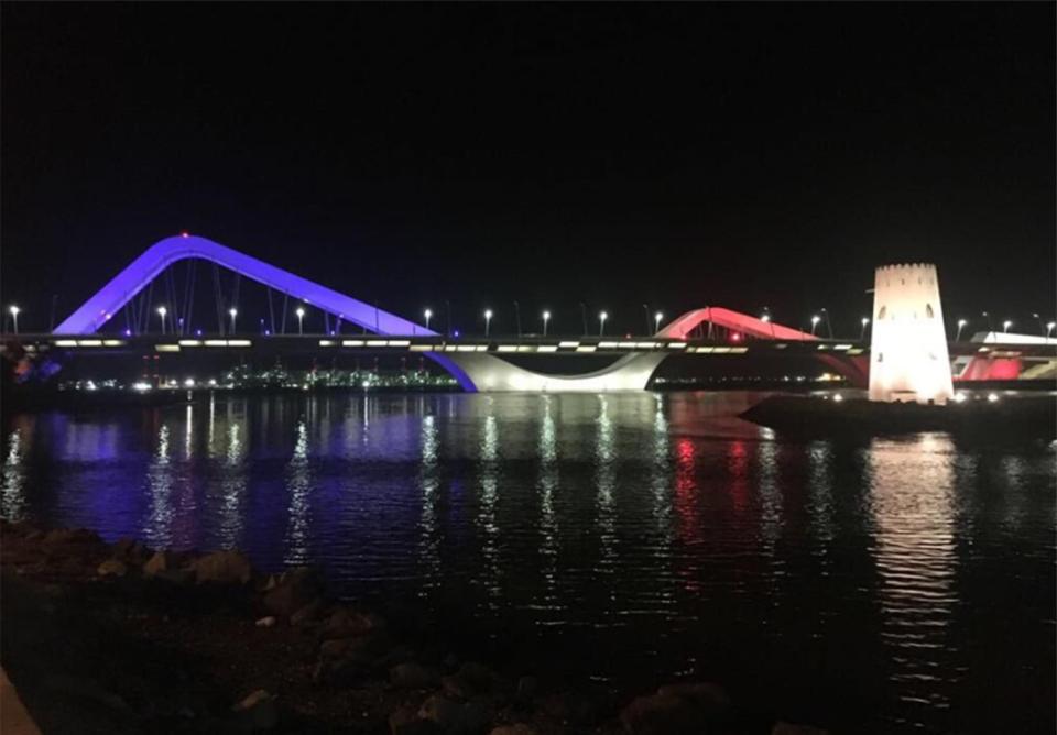 Sheikh Zayed Bridge in Abu Dhabi in the United Arab Emirates is lit uo as tribute