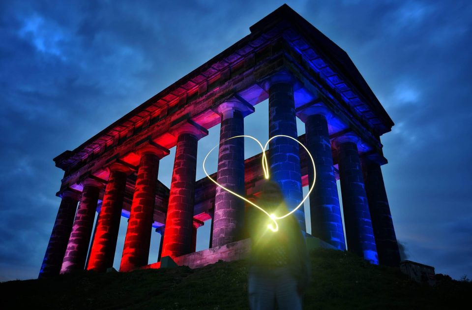 Sunderland's Penshaw Monument lit up in red, white and blue tonight