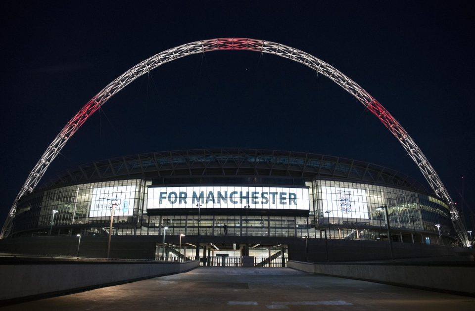 Wembley Stadium lit up after the Manchester concert bomb attack