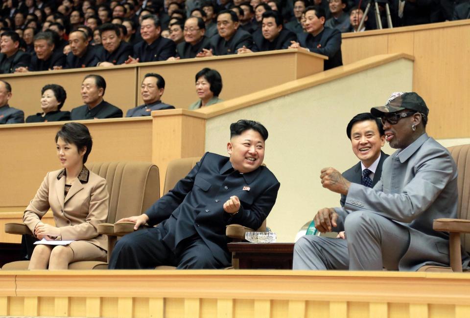 Dennis Rodman, right, with Kim Jong-Un at an exhibition match in 2014 in Pyongyang