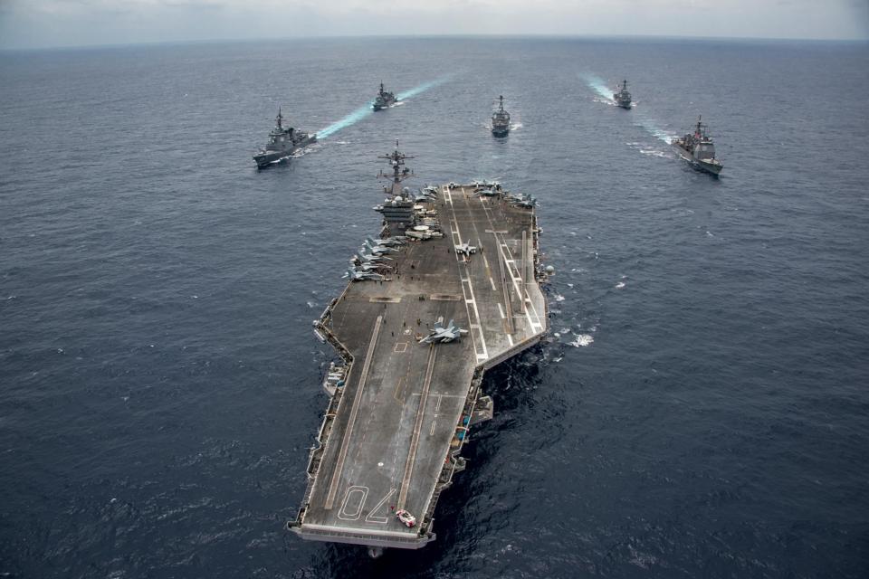 The USS Carl Vinson with the guided-missile cruiser USS Lake Champlain, the guided-missile destroyers USS Michael Murphy and USS Wayne E. Meyer along with the Japan Maritime Self-Defense Force destroyers JS Ashigara and JS Samidare