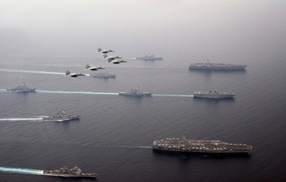 The 'major' exercise involving Japanese and American fighters jets and aircraft is being staged in the Sea of Japan