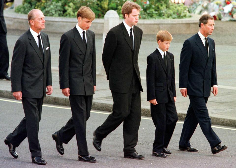  From left: Prince Philip, Prince William, Earl Spencer, Prince Harry and Prince Charles walk in Diana's funeral procession