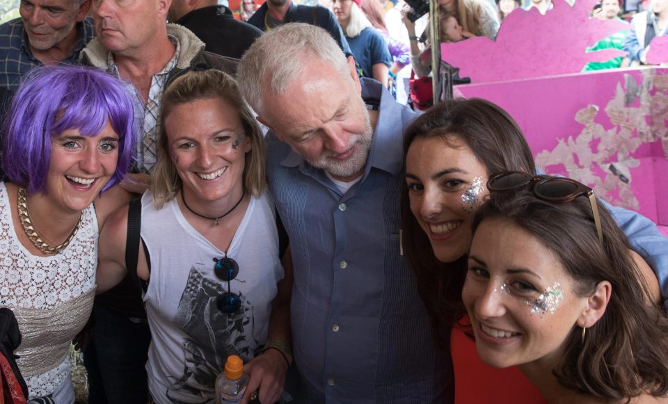 The Labour leader met supporters in the Greenpeace area of the festival before taking to the Pyramid stage for a speech