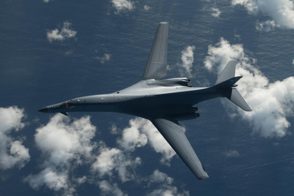  One of two US Air Force B-1B Lancer bombers flies a 10-hour mission from Andersen Air Force Base, Guam