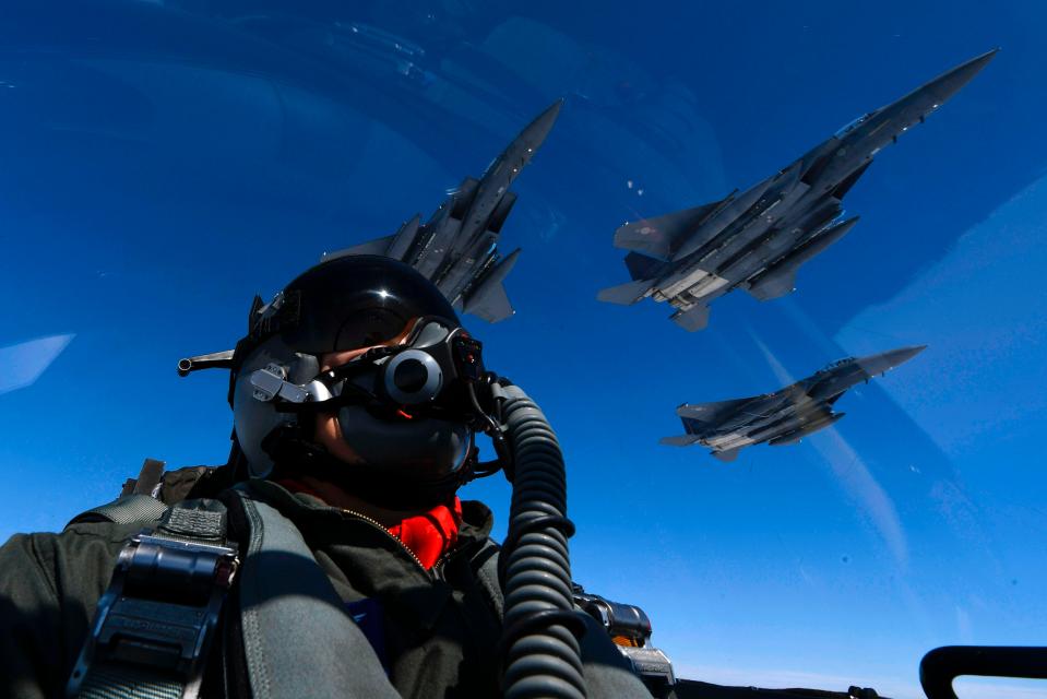A US pilot is pictured as he joined up with Republic of Korea air force F-15s during a 10-hour mission from Andersen Air Force Base, Guam, into Japanese airspace and over the Korean Peninsula