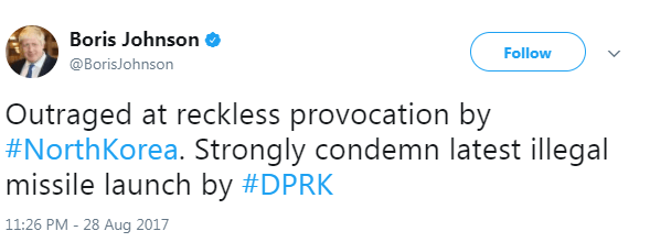 Foreign Secretary Boris Johnson has said he is "outraged" by the "reckless provocation" of North Korea's latest missile launch